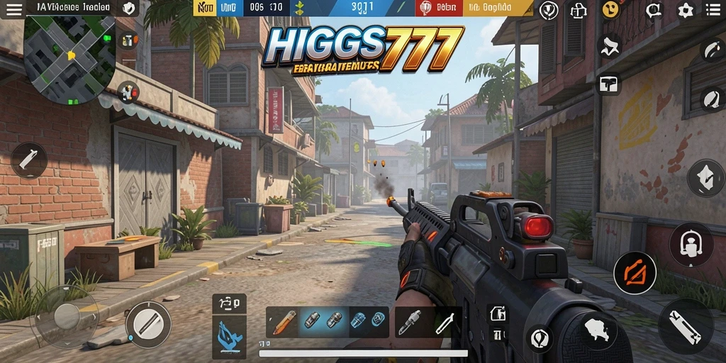 Screenshot gameplay HIGGS777 menampilkan aksi tembak-menembak yang intens.