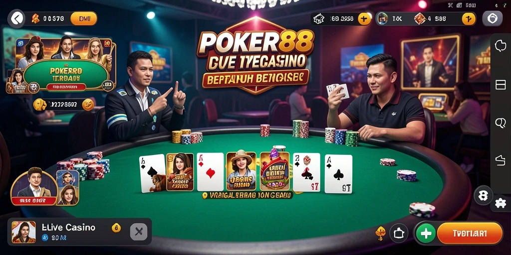 Tampilan gameplay POKER88 dengan dealer langsung di meja kasino.