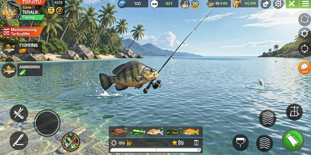 Screenshot gameplay TOPJITU yang menampilkan pengalaman memancing yang mendebarkan.