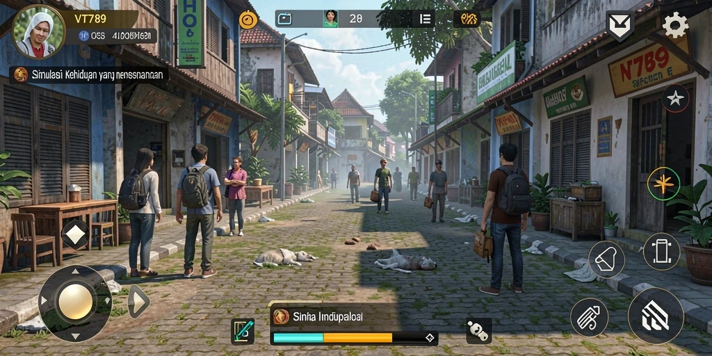 Tampilan gameplay VT789 dengan karakter yang melakukan berbagai aktivitas simulasi.