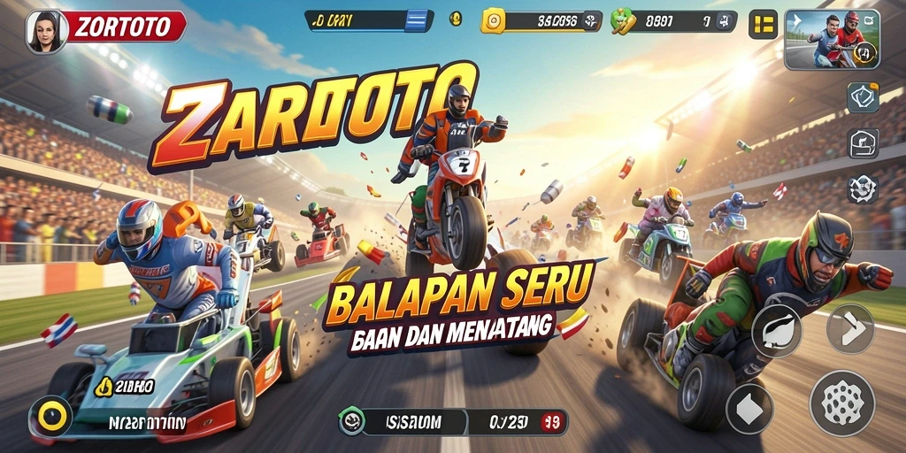 Gameplay ZORTOTO menampilkan balapan seru di trek penuh tantangan.
